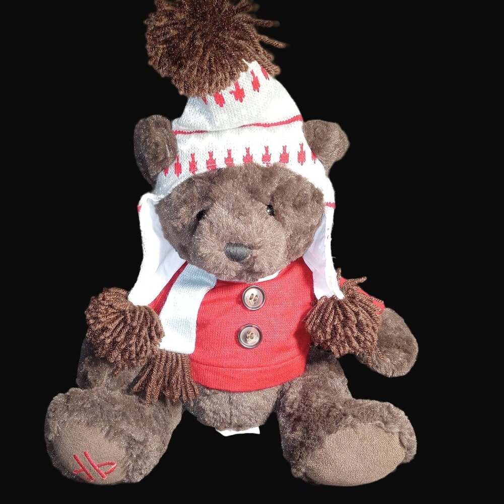 Dennis Basso Home Brown Plush Teddy Bear Red Sweater Pom Beanie Winter Hat Scarf